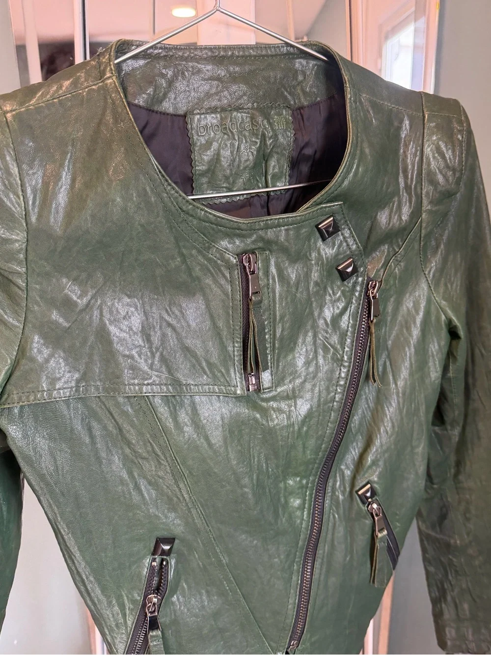 Vintage Emerald Green Lambskin Leather Moto Jacket Cropped Fitted - Picture 3 of 8